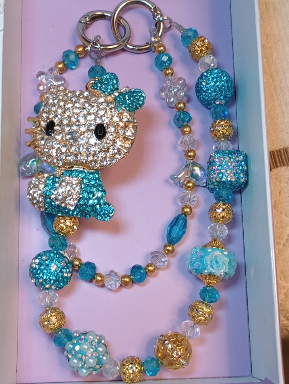 Rhinestone Kitty Bag Chain/ Phone Chain in Turquoise & Gold